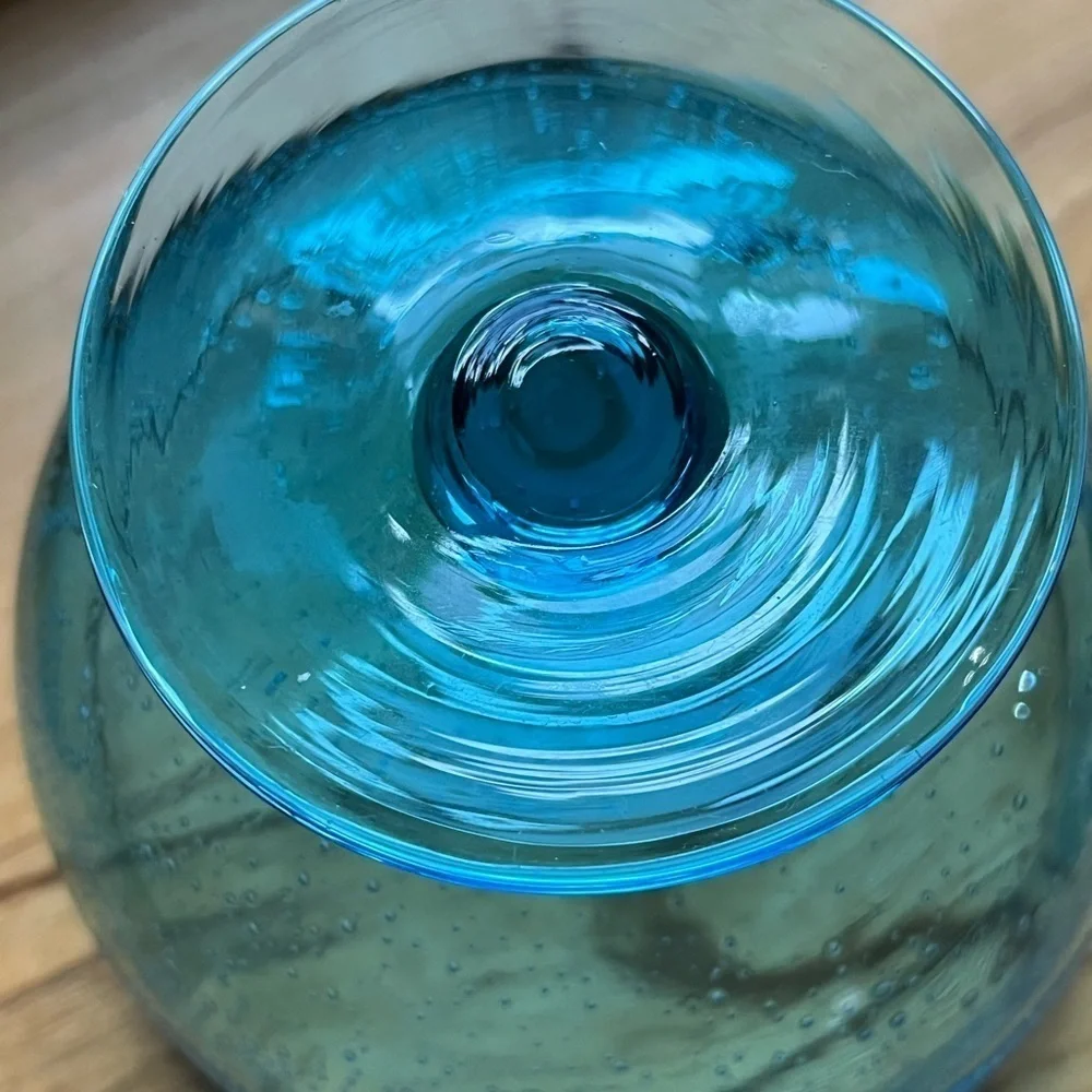Set of 2 VTG Cobalt Blue Hand Blown Footed Bubble Glass Dessert Bowls Art Glass